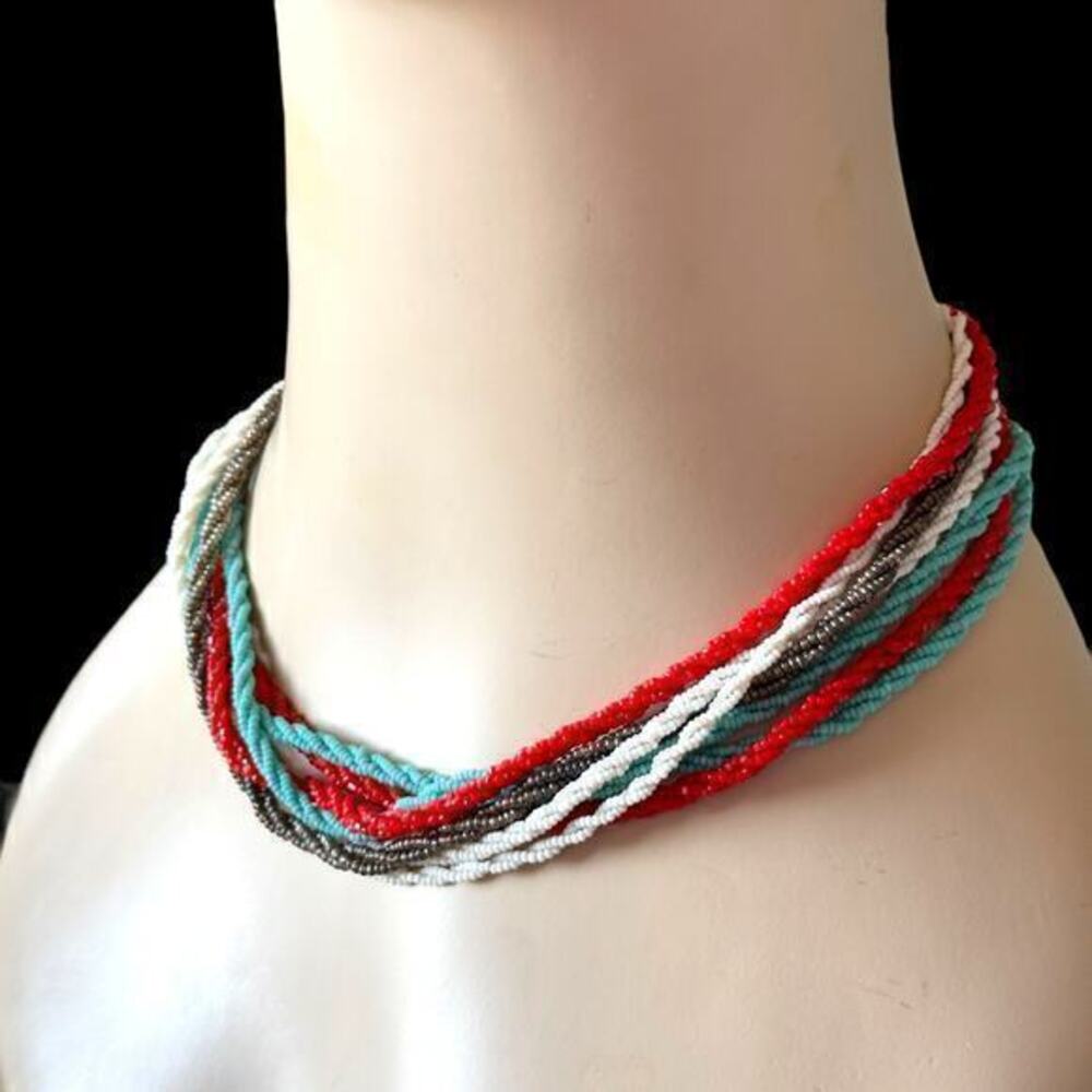 16” Vintage Glass Micro Seed Bead Necklace Multi Red Blue White Gray 1940s-60s